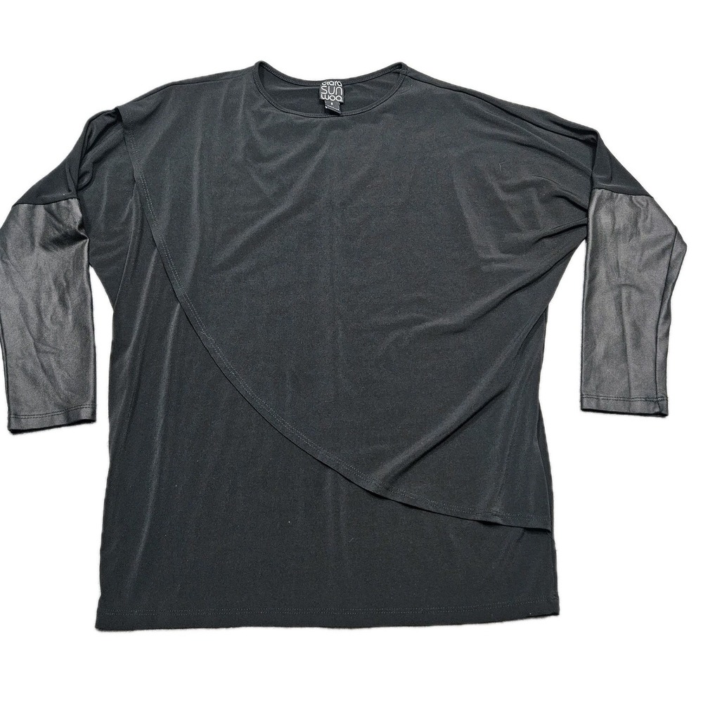 Clara Sun Woo Tunic Top Womens Sz Small Asymmetric Black Faux Leather Sleeve